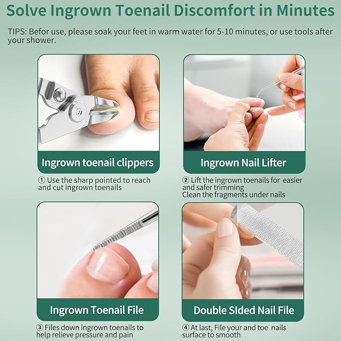 5-in-1 Toenail Clippers for Seniors with Thick & Ingrown Nails – Professional Pedicure Kit with Long Handle Nail Cutter, Slanted Curved Blade, Nail File & Lifter – Gift Set with Leather Case