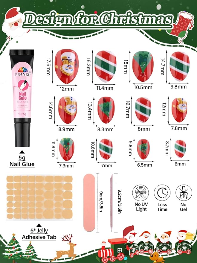 EBANKU Christmas Kid Press on Nails, 72Pcs Almond Fake Nails Kit Full Cover Christmas Tree Design Stick on Nail with Nail Glue for Girl