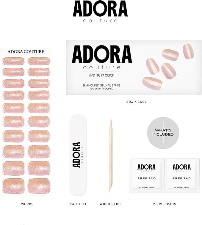 Semi-Cured Gel Nail Strips - 20 Salon-Quality Gel Sticker with UV Light Required, Long Lasting, Easy Application & Removal, Includes Prep Pad, Nail File, Wooden Stick (Soft Shimmer)