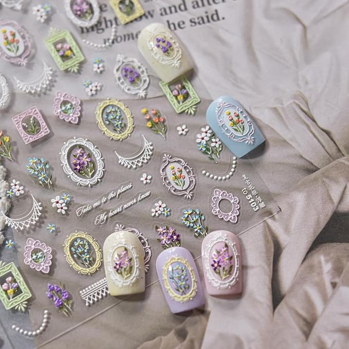 Vintage Flower Frame Nail Stickers 5D Embossed Floral Nail Designs 3D Self-Adhesive Daisy Nails Supplies Tulip Bouquet Nail Decals Summer Nail Art Decoration for Women Girls DIY Manicure 1 Sheet