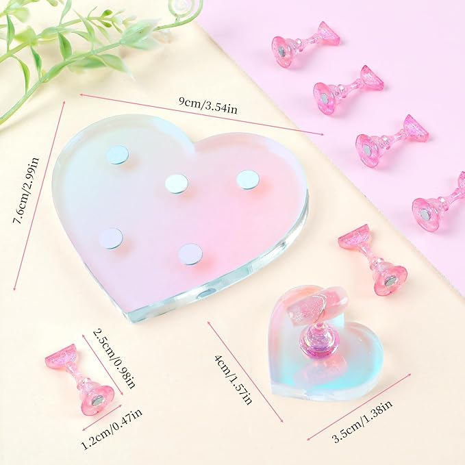 Nail Stand for Press ons,2 Set Heart Nail Holder for Painting Nails Aurora Nails Display Practice Art Magnetic Nail Display Stand with 200 Pcs Adhesive Tabs Nail Art for Display Home Salon