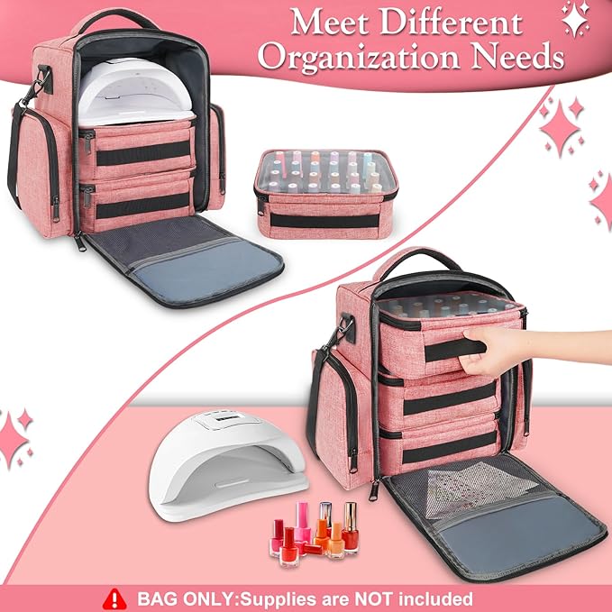 YOREPEK Nail Polish Organizer Holds 72 Bottles (15ml-0.5 fl.oz) Large Nail Polish Carrying Case with 3 Removable Pouches and 4 Zippered Pockets for Manicure Tools, Supplies, Nail Lamp, Gifts for Women