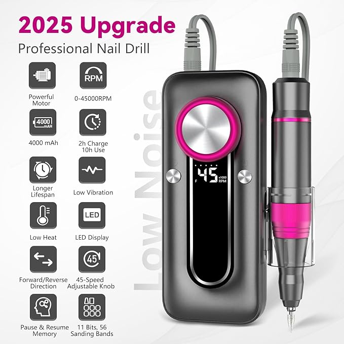 Nail Drill Electric Nail File Kit 45000 RPM Professional Efile Nail Set,Cordless Portable Rechargeable Acrylic Gel Nail Polish Remover Machine Pedicure Manicure Tool for Salon Home Gray