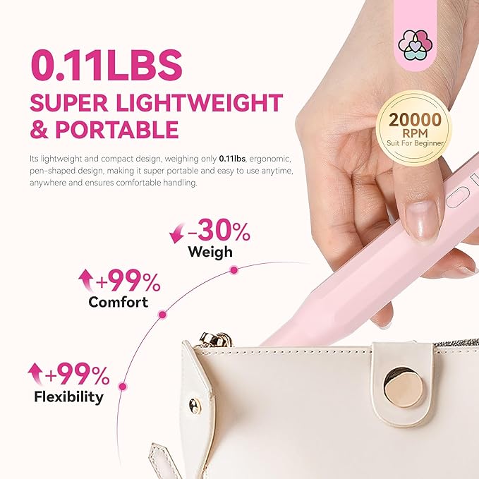 SAVILAND Cordless Nail Drill Kit: Ultra Low Noise 20000RPM Rechargeable Electric Nail File Portable Low Heat Nail Drill Machine with Complete Bits for Beginner Manicure Pedicure Home