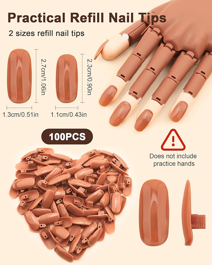 100PCS Replacement Nail Tips for Acrylic Nails Practice Hand, Brown Fake Nails with box for Nail Hand Practice