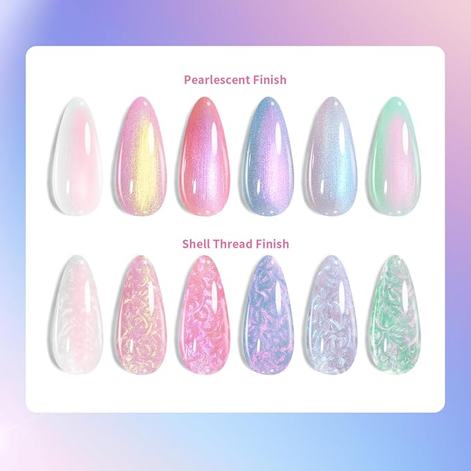 Born Pretty 6 Colors Pearl Gel Nail Polish Set,Aurora Iridescent Shimmer White Pink Purple Mermaid Glitter Gel Polish Shell Swirl Thread Effect Glitter Silk Soak Off U V LED Gift for Women & Girls