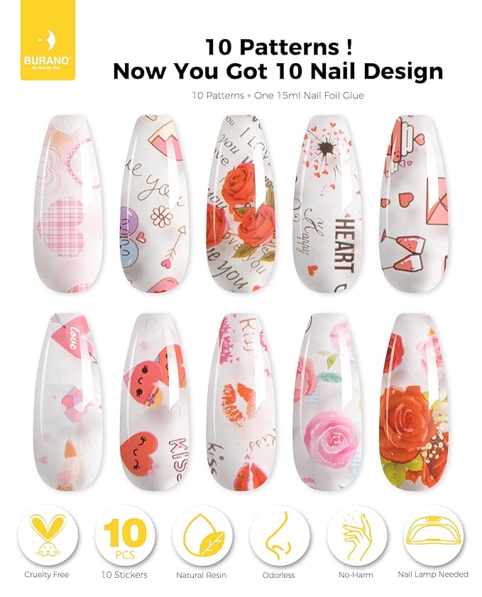 BURANO Nail Art Nail Foil Glue Gel, o.5 oz with 10PCS Foil Stickers Set Nail Foil Glue for Nails Foil Transfer Gel, Nail Design DIY UV LED Lamp Required (Love 23)