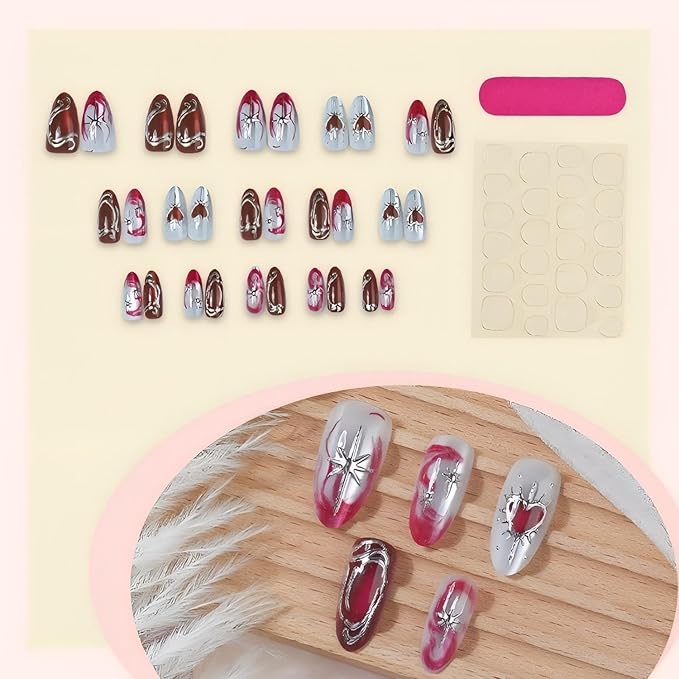 Almond Press on Nails Medium Fake Nail Valentine's Day Red Hearts Designs False Nails Press Ons Gift for Women 24pcs
