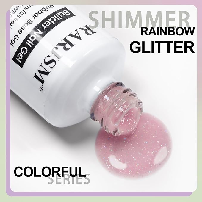 RARJSM Nude Pinkish Beige Rainbow Glitter Rubber Base Coat Gel Nail Polish Natural Skin Tone Iridescent Shimmer Brush on Extend Jelly Gelpolish Soak Off Curing Requires 15ml Salon Home French Manicure