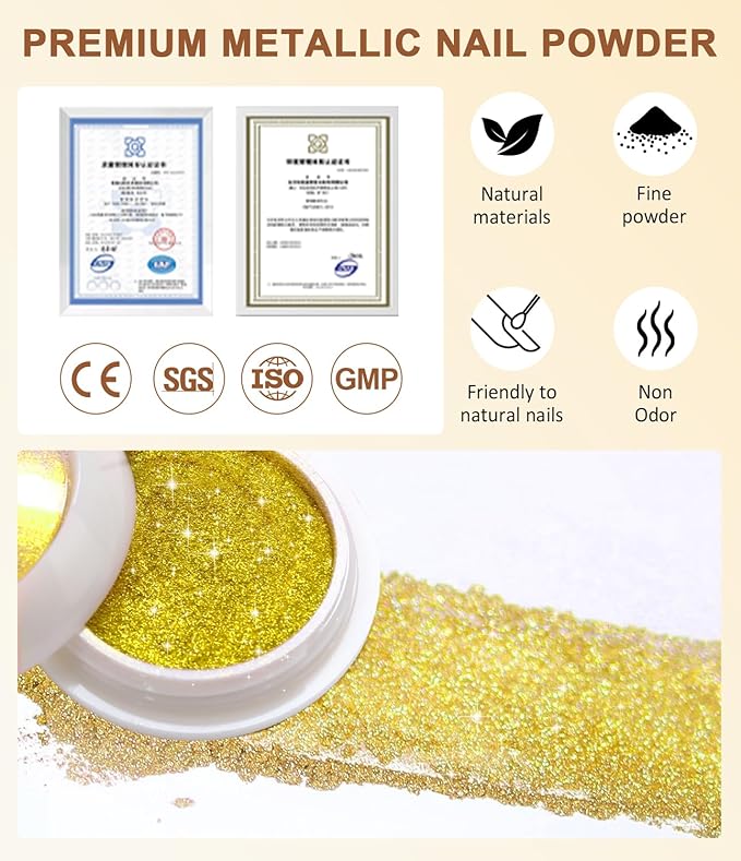 No.1 Metallic Gold Chrome Nail Powder Mirror Effect Kit with 20g 3D Gel Nail Art Sculpture Clear 100% Non-Toxic for Nails Extension, DIY at Home Salon, Gold Chrome Nail Art Supplies