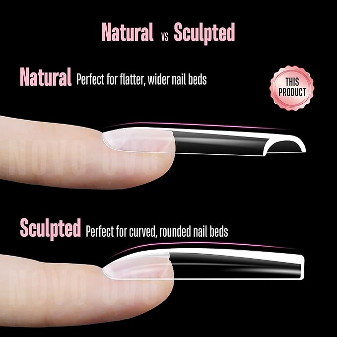NOVO OVO XXL Lipstick Shape Nail Tip, Natural (not Sculpted), Symmetrical Cut Extra Thick False Nails Press On, Full Cover Soft Gel Extension Fake Nail Acrylic Kit French Tip X 15 Size 180pc