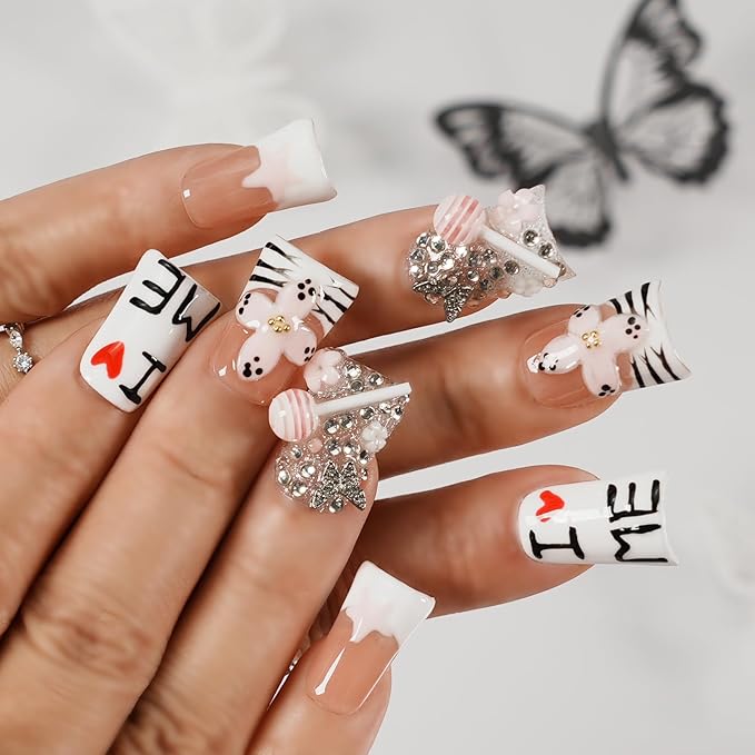 Short Duck Press on Nails - 3D Floral Metallic Butterflies French Tip False Nails with Zebra Stripe Print, Lollipop Cherry Stars Luxury Cute Design (Cute Love Cherry Candy,L)