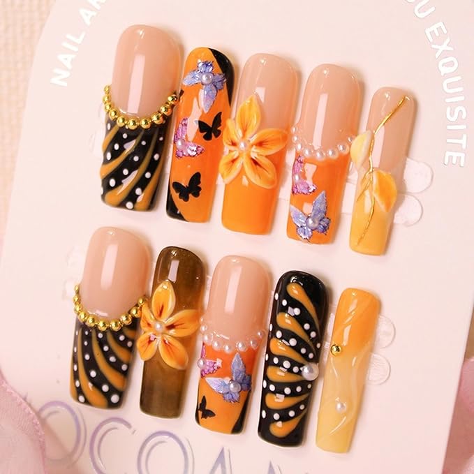 Flower Press on Nails Gradient Long Square Fake Nails with Glitter Butterfly & Pearl False Nails Designs Orange French Tip Handmade Press on Nails Thick Acrylic Stick on Nail for Wome (S)