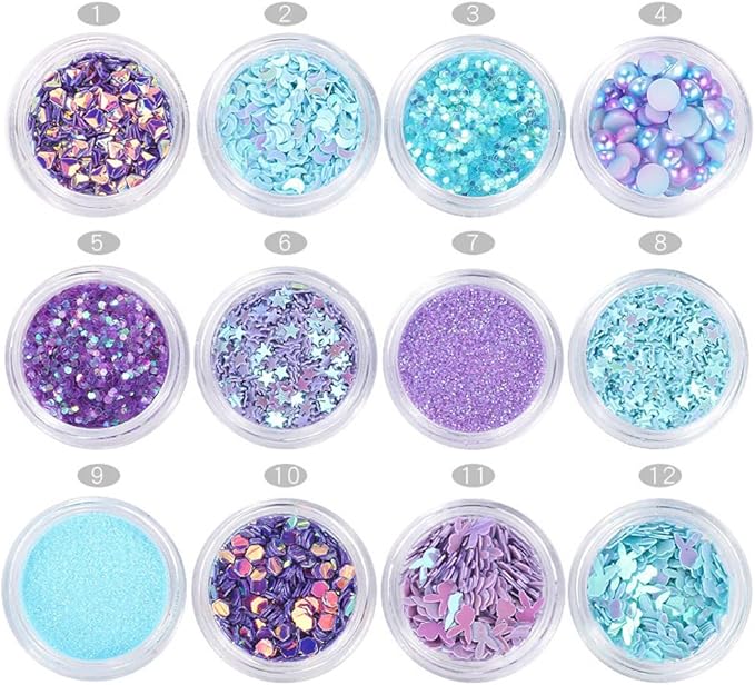 Nail Art Blue Glitter Sequins 3D Pearl Nails Shining Flakes Acrylic Powder Dust Chunky Flake 12Jars