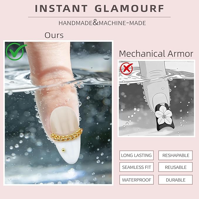 Luxury Press on Nails, Medium Almond 3D Handmade Nails, Reusable French Tip False Nails, Pink Flower Metal, Thick Acrylic ABS Nail Art (10PCS-M)
