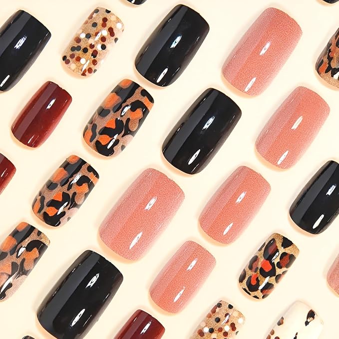 Leopard Print Press on Nails Medium Square Fake Nails Brown Glossy Stick on Nail Glitter Nails Press Ons Fall False Nails Acrylic DIY Glue on Nail for Women and Girls Decoration Set 24Pcs