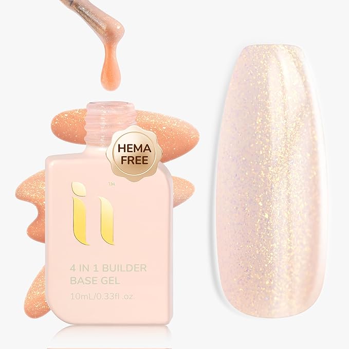 Hema Free Builder Base Gel, Soak Off Fall Winter Glazed Glitter Gel Polish for Strengthening Nail Repair, LED UV Curing 10ml, Salon Shine Finish