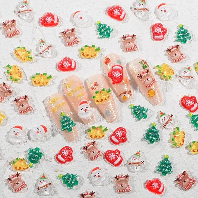 60pcs 3D Cartoon Christmas Nail Charms, Cute Elk Snowman Christmas Nail Art Charms Santa Claus Nail Charm Xmas Tree Gloves Christmas Bells Resin Charms for Nails Kawaii Nail Charms Nail Accessories