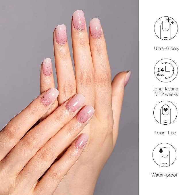 DANNI & TONI Semi Cured Gel Nail Strips Pink White Ombre Gold Glitter Gel Nail Wraps 28 Stickers | Pale Glint