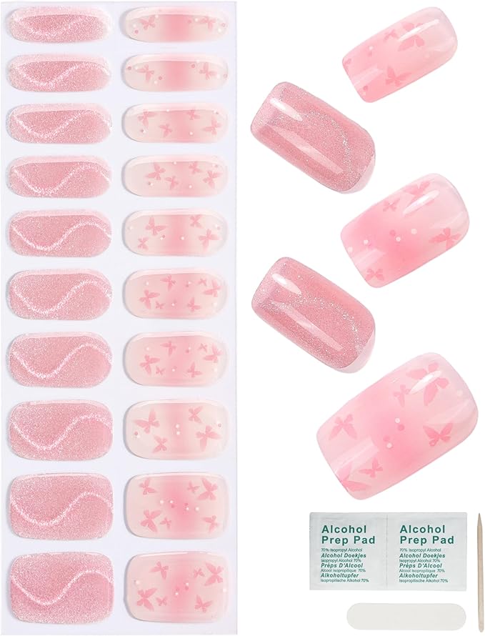 Cat Eye-Inspired 20pcs Semi Cured Gel Nail Strips - Salon-Grade DIY Wraps with Glaze Texture, Easy Application, UV Light Required for Stylish Nails