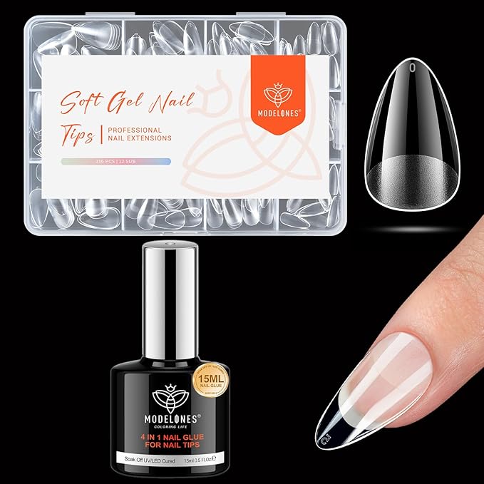 modelones Short Almond Nail Tips with 4 in 1 Nail Glue 15ml