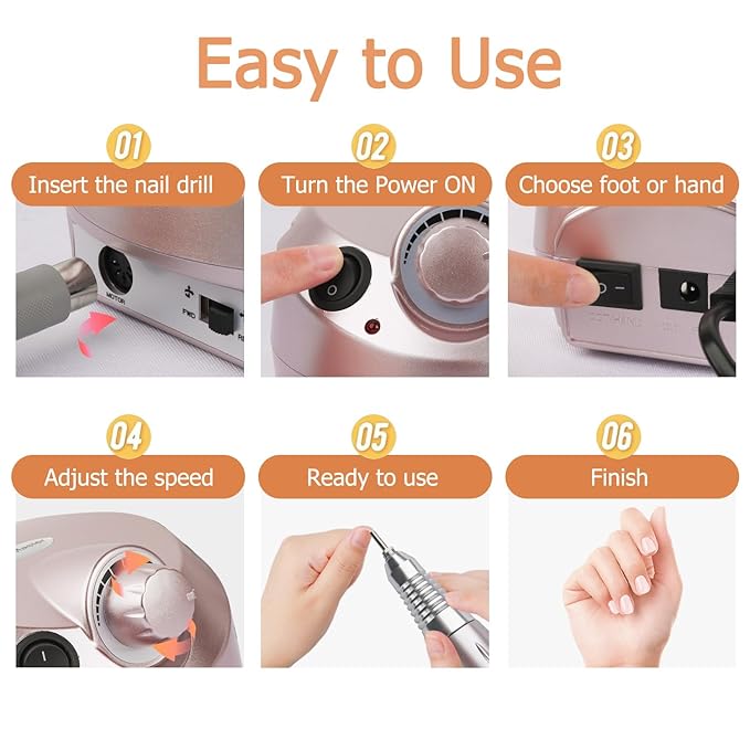 Portable Electric Nail Drill, 30000RPM Nail Drill with 6 NailDrill Bits and Sanding Bands, Nail File Kit for Acrylic, Gel Nails, Dip Powder, Manicure and Pedicure for Home Salon Use, Rose Gold