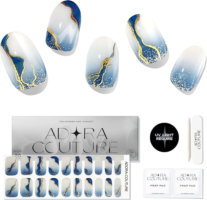 Semi-Cured Gel Nail Strips - 20 Salon-Quality Gel Sticker with UV Light Required, Long Lasting, Easy Application & Removal, Includes Prep Pad, Nail File, Wooden Stick (Blue Oceanwave)