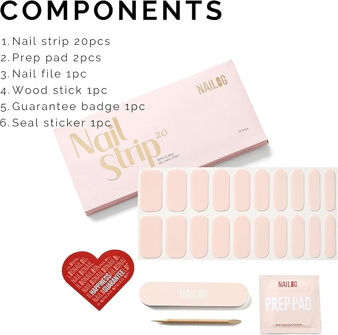 Semi Cured Gel Nail Strips - NAILOG 20 Pcs Pink Nail Stickers Extra Long Wraps with Glossy Gel Finishing for Spring Summer, Cotton Candy