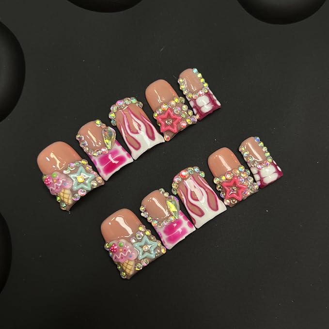 10pcs Handmade Press on Nails for Women - Medium Duck Curve 3D Thick Acrylic Fake Nails Reusable,Designer Floral Butterfly Rhinestones Bling Boho Funky Y2k Nail-art Set,XS,pink lips