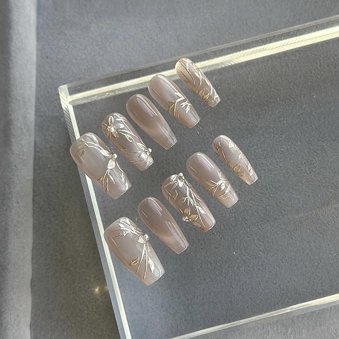 Nude Press-on Nails, Long Ballerina Shape, Gold Floral Design with Pearls, Handmade False Nail 10 Pieces (XS, LB)