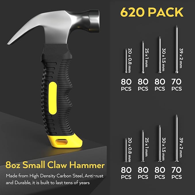 INCLY 620 PCS Small Nails for Hanging Pictures Assortment Kit with 8oz Claw Small Hammer, Mini Hammer Set with Hardware Nails Assorted Set 310 Wall Nails & 310 Finish Nails for Installing with Case