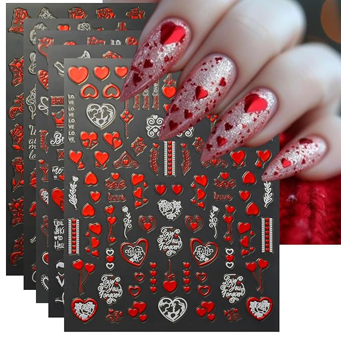 Valentine's Day Nail Art Stickers - Laser Red White Heart Nail Decals, Self-Adhesive Sexy Kiss Heart for DIY 3D Nail Supplies Decoration (6 Sheets)