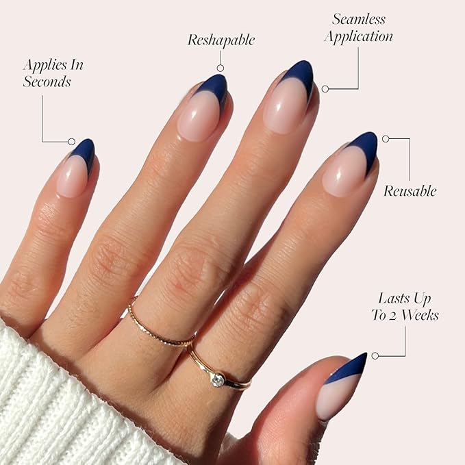 Glamnetic Press On Nails - French Riviera | Semi-Transparent Navy Dark Blue French Tip Short Almond Fake Nails in a Glossy Finish, Salon Quality | 15 Sizes - 30 Nail Kit