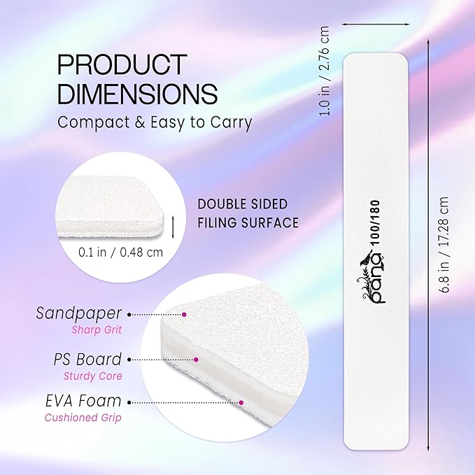 10pcs - PANA Jumbo Double-Sided Emery Nail File for Manicure, Pedicure, Natural, and Acrylic Nails - White (Grit 100/180)