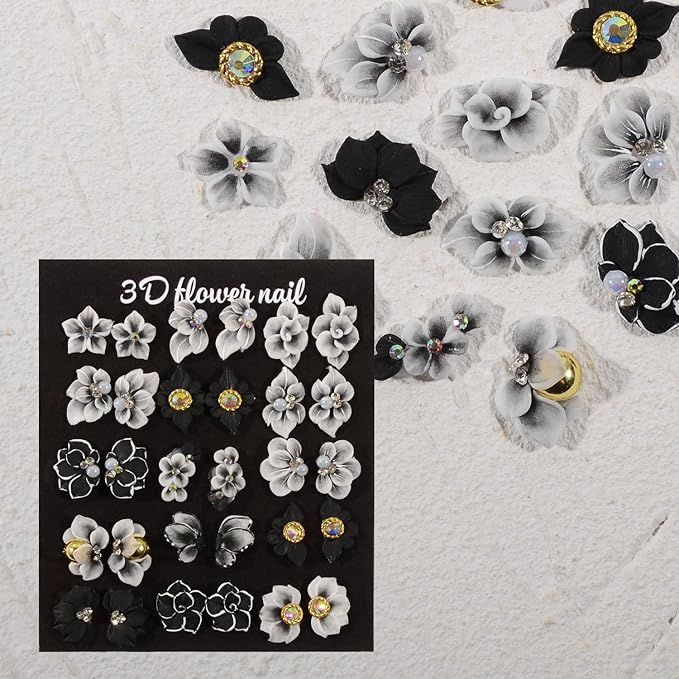 30PCS 3D Handmade Flower Nail Art Charms Advanced Handcrafted Cherry Blossom Flower Colorful Sculpted Floral Nails with Rhinestone Caviar Beads Design for Women Profession Nail Art Craft Jewelry