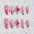 Luxury Press on Nails Medium Almond French Tip Handmade 3D Unique Reusable ABS Material Fake Nails Pink False Nails with Designs Pearls Floral Art Petal Glossy Glue on Nails Thick Acrylic Nails(S)