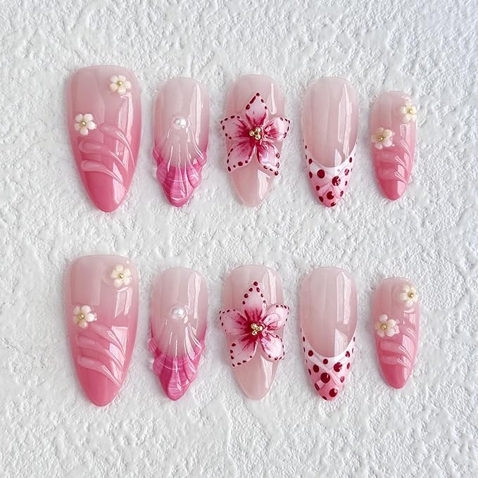 Luxury Press on Nails Medium Almond French Tip Handmade 3D Unique Reusable ABS Material Fake Nails Pink False Nails with Designs Pearls Floral Art Petal Glossy Glue on Nails Thick Acrylic Nails(M)