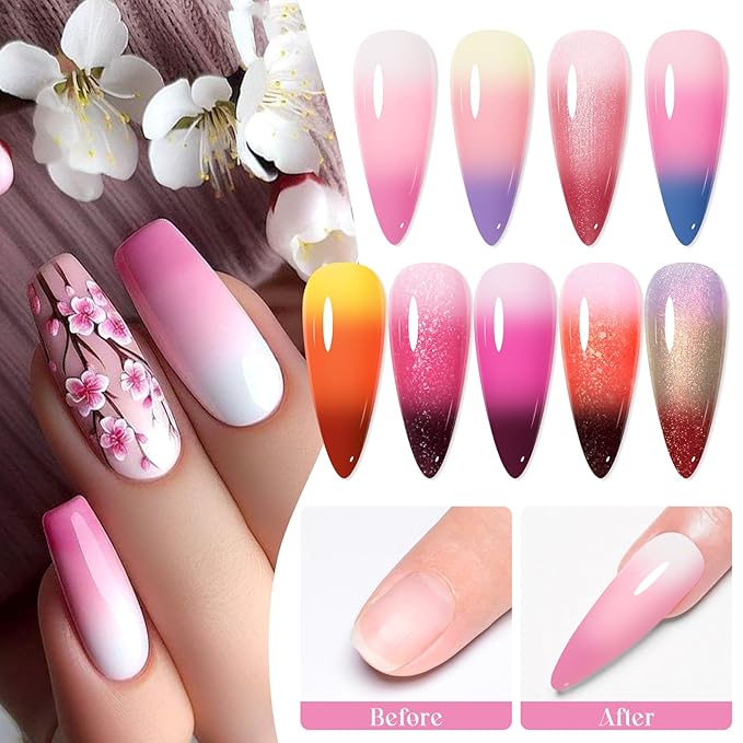 MEET ACROSS 12 Pcs Color Changing Rubber Base Gel Set, Mood Temperature Change Builder Base Nail Gel with Super Top Coat, Prep Dehydrator and Nail Primer, 2-in-1 Soak Off Base Gel Nail Strengthener