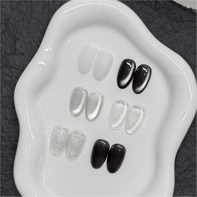 GAOY Black and White Gel Polish Set, Sliver Cat Eye, Opal White, Jelly Black Glitter Reflective Gel, Magnetic Holographic DIY Nail Art