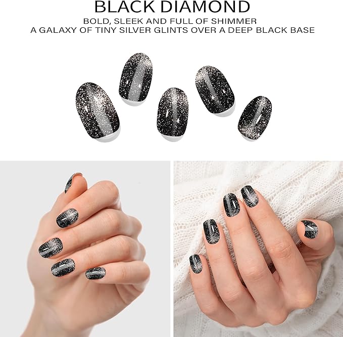 Semi-Cured Gel Nail Strips - 20 Salon-Quality Gel Sticker with UV Light Required, Long Lasting, Easy Application & Removal, Includes Prep Pad, Nail File, Wooden Stick – Black Diamond