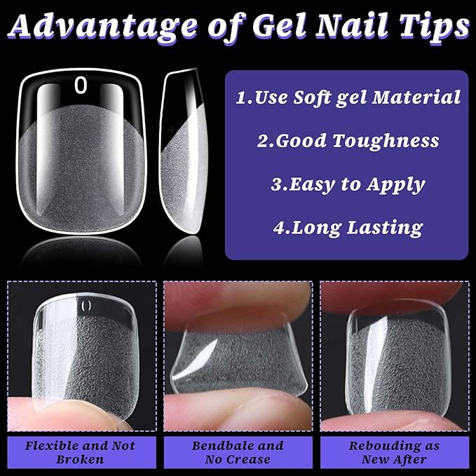 240pc Extra Short Gel Nail Tips Square Fake Nails Clear Press ons Nail, XS Short Square Nails Tips Acrylic Nails Extension Soft Gel Nails Tip Full Cover False Nail Clear Artficial Fingernails