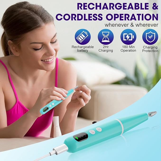 Cordless Nail Drill, Super Lightweight Electric Nail File, Low Noise Electric Nail Drill with 9 Speed & LCD Display, Toenail Grinder for Thick Nail Toenail Cuticle Human Women Baby Pets