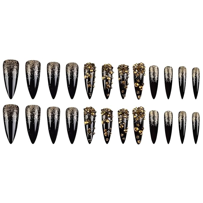 Long Black Press on Nails Almond Tip False Nails with Gold Glitter Fake Nails for Women