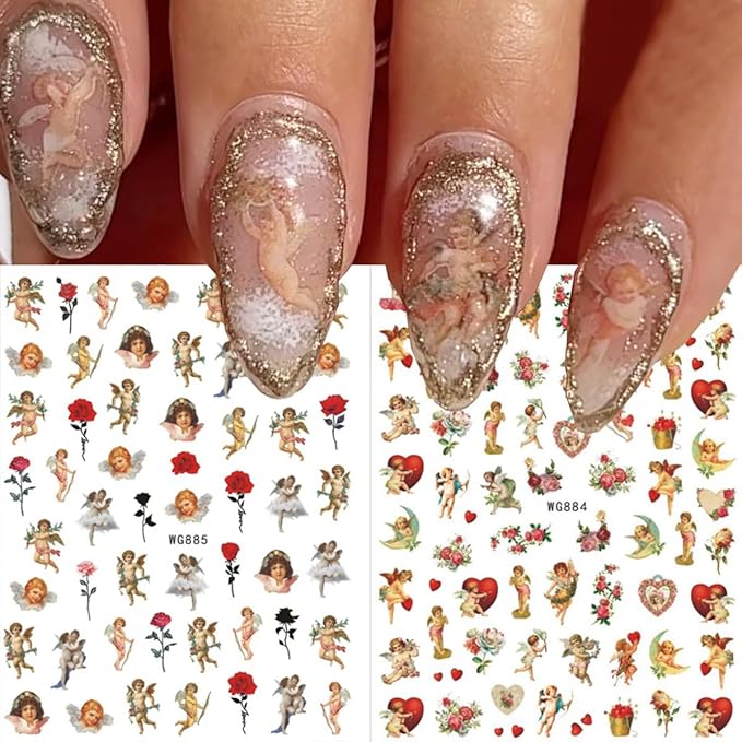 8 Sheets Angel Nail Stickers for Nails Art Cupid Nail Art Stickers 3D Self-Adhesive Rose Heart Angel Wings Designs Valentines Day Nail Decals for Women Holiday Manicure Decorations DIY