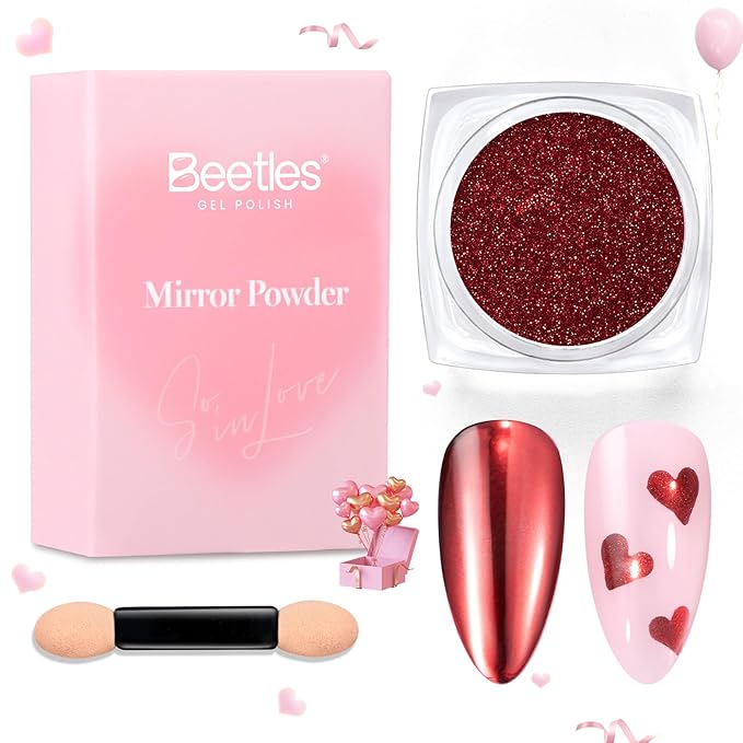 Beetles Valentines Red Chrome Nail Powder Mirror Effect Chrome Powder for Nails Metallic Red Gel Polish Nail Art DIY Decoration Gifts for Women