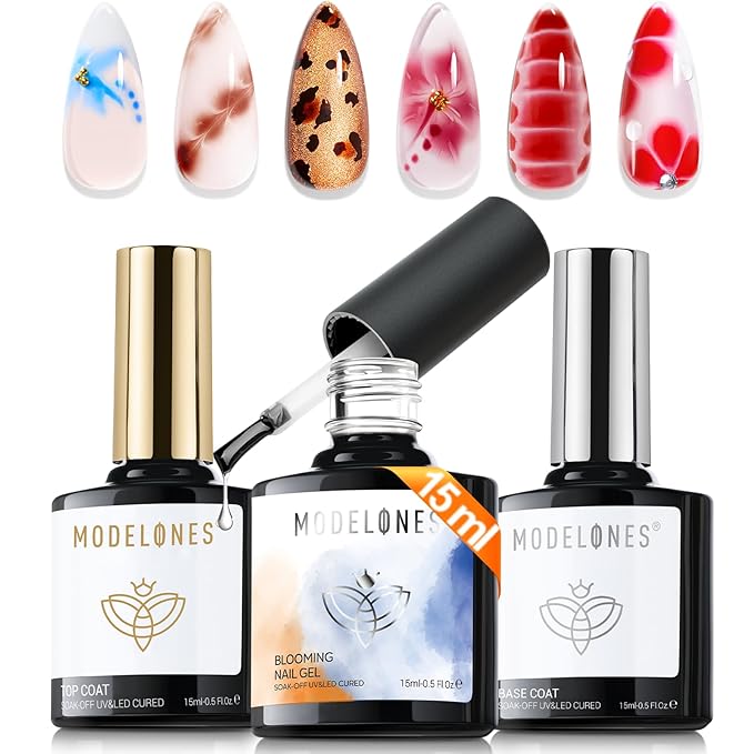modelones Gel Top Base Coat and Blooming Gel Polish Set, 15ML 3PCS Clear Tortoise Bloom Marble Aura Painting Nail Art No Wipe Super Shiny Top Base Coat Soak Off U V DIY Manicure Gift for Women