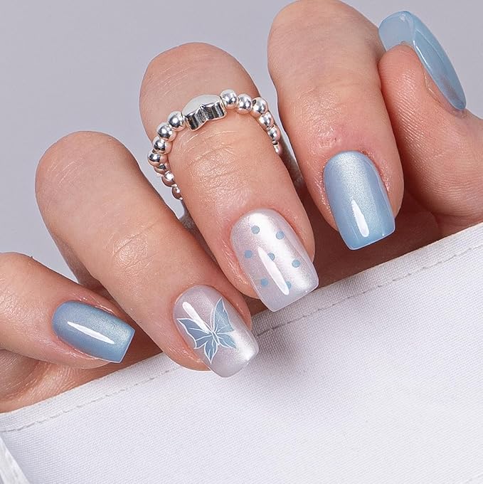 CurvLife Soft Gel Press On Nails Square, Long-Lasting 30Pcs Reusable Stick On Fake Nails Kit with Glue Tabs, Glossy Salon-Style Manicure for Women Teens Beginners, At-Home (Blue Flutter)