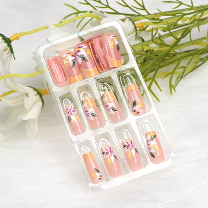 Flower Press on Nails Square Medium Long Fake Nails with Orange French Tip Floral Designs Acrylic Glossy Glue on Nails Press ons Fall Stick on Nail for Women 24 Pcs