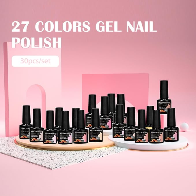 MEET ACROSS 27PCS Gel Nail Polish Set,27 Colors Gel Nail Kit Art Design Soak Off UV LED,Nail Art Design Gifts for Women