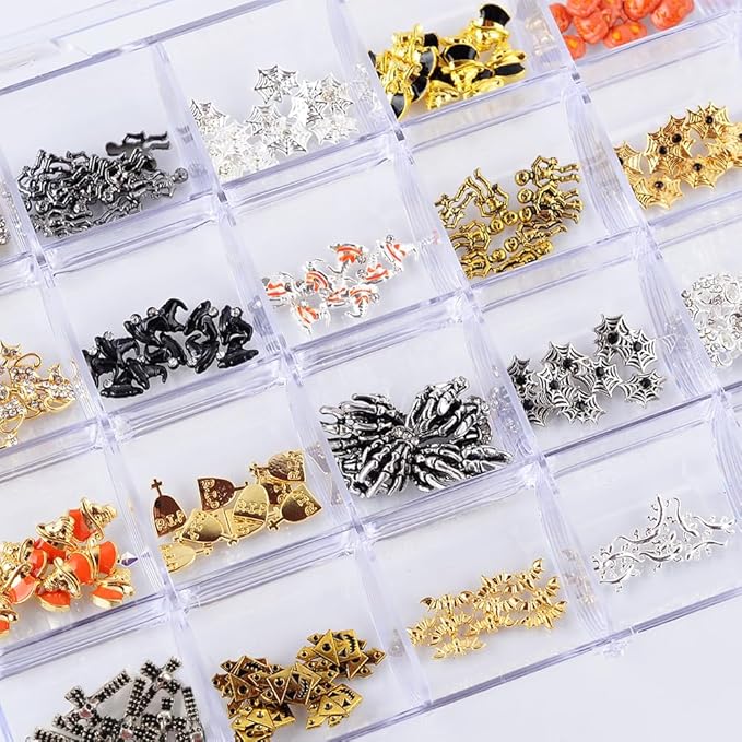 Halloween Nail Charms - 24 Styles/Box Metallic Nail Studs & Rhinestones DIY Decorations